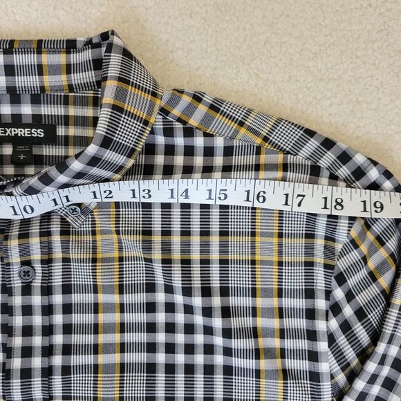 Express Men's L Plaid Button Down Long Sleeve Shirt 2 Button Cuff Blk Wht Yellow - Picture 8 of 16